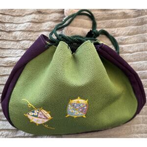Vintage Japanese Kimono Chirimen Drawstring Handbag, Kinchaku Embroidered Bag